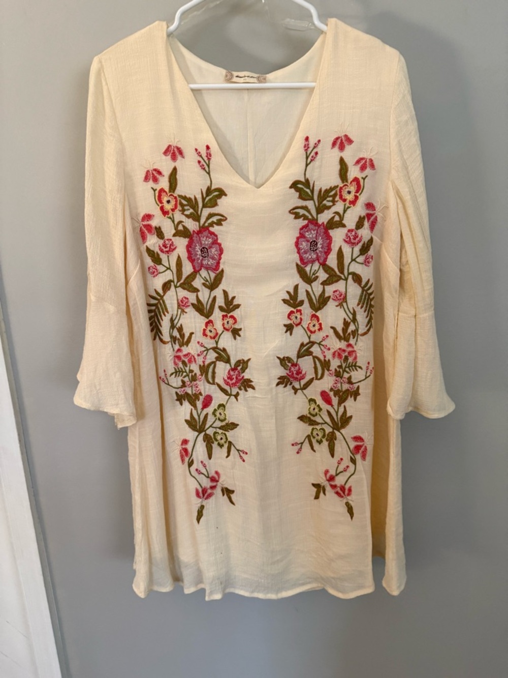 Altar'd State Cream Mini Dress with Pink & Green Floral Embroidery